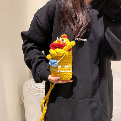 新款韩国版香肠嘴手工毛线小孩男儿童学生手机斜挎跨包包男女|ms