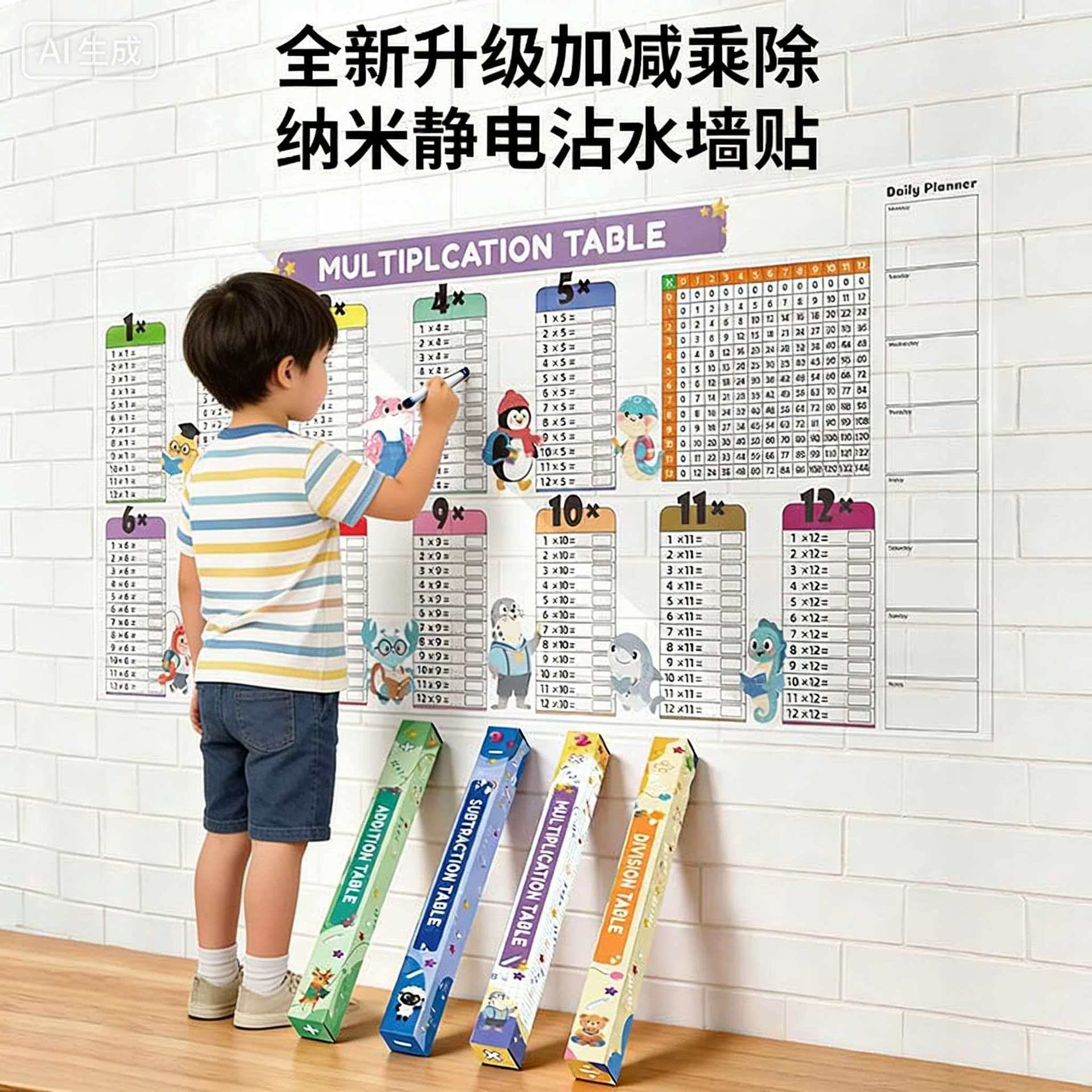 Cross-Border Electrostatic Water-Stickable Wall Stickers for Children's Math Enlightenment, Multiplication Table, Reusable Wall Stickers
