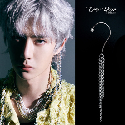 Wang Yibo Earrings tassels Metal chain Earloop No pierced ears Earrings Ear bones Integrated