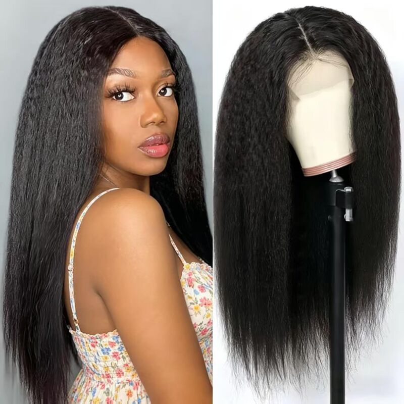 Women's Curly Wig, Front Lace Yaki Straight Wig, Brazilian Synthetic Fiber Hair (Natural Black)