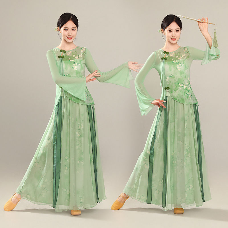 新款舞蹈旗袍服女纱衣古典中国练功弹力身韵古典舞飘逸演出服套装|undefined