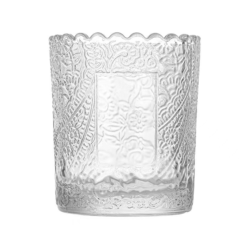 Relieve taza de cera de incienso taza de vidrio punto vertical cuadrado taza de cera de té encaje taza de candelabro hecha en casa candelabro DIY