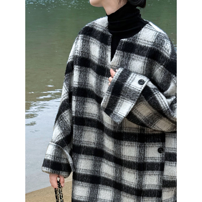 Black Standard Western Style Black and White Plaid Double-Sided Wool Coat Women's 2024 New Autumn and Winter Pullover Wool Coat 5901