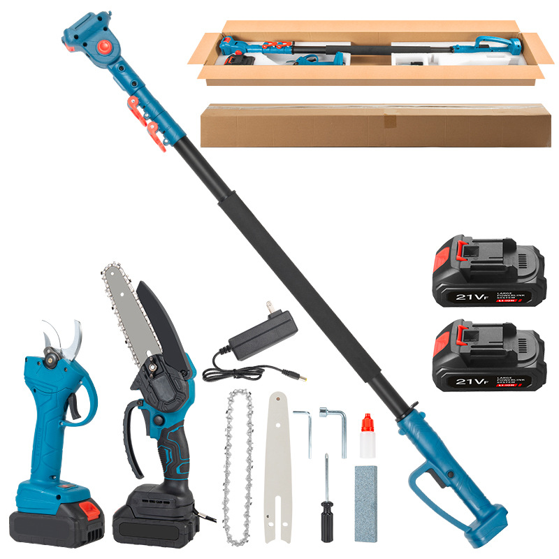 Non-coated pruning shears + electric chain saw (5 batteries) two batteries + extension pole