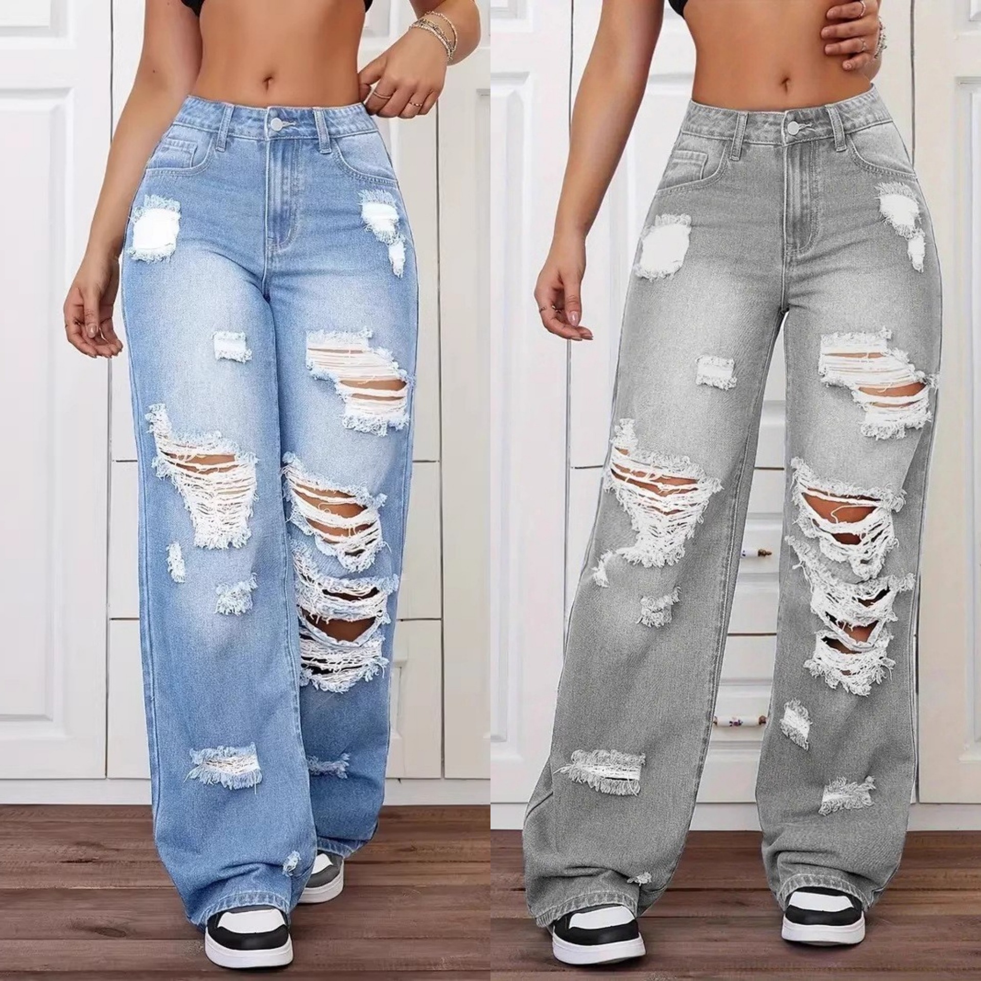 European and American Cross-Border Trade Ripped Jeans, Washed High-Waisted Straight-Leg Versatile Loose Denim Pants for Women Jeans