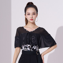 新款拉丁舞服女上衣成人跳舞舞蹈服网纱荷叶边练功服百搭短袖