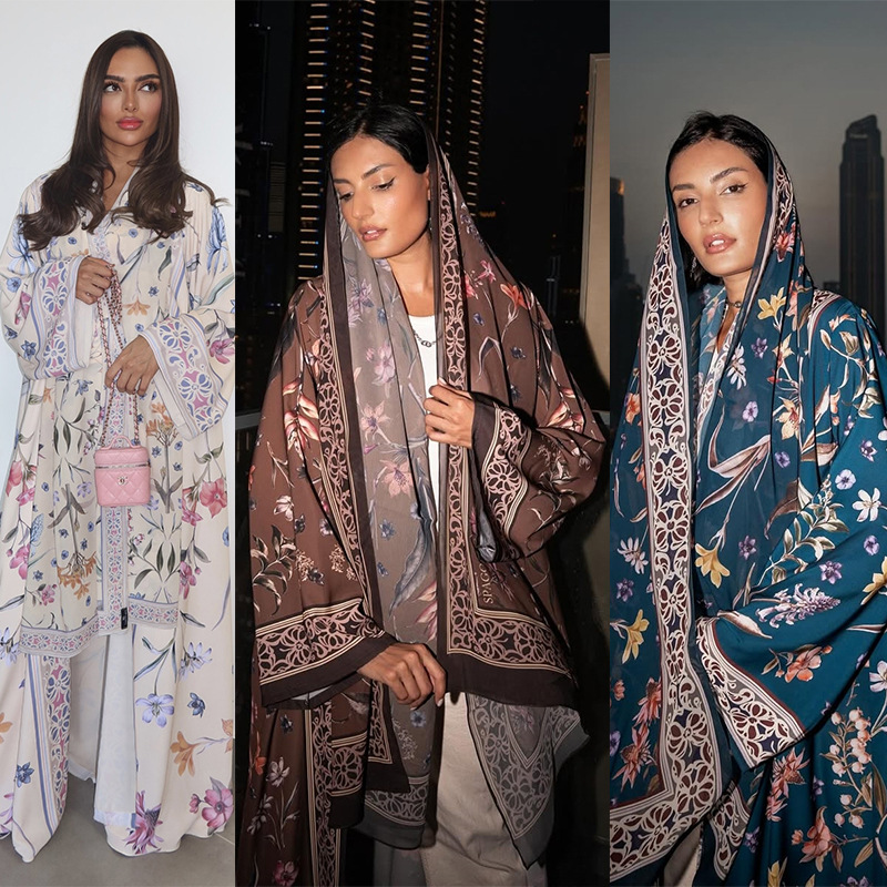 MQ223 modest floral print cardigan large robe with hijab Amazon two-piece set Middle East Dubai abaya coat