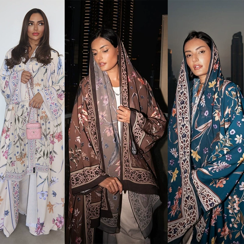 Новый скромный кардиган-халат с принтом и головным платком MQ223 2026, модный комплект из двух предметов от Amazon