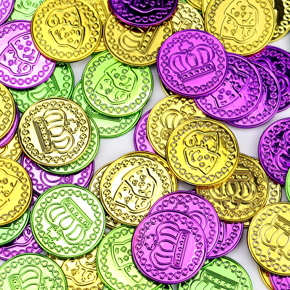 跨境儿童狂欢节派对塑料金币玩具  电镀彩色小丑皇冠玩具道具币