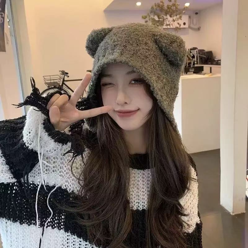 小熊针织帽子可爱毛线毛绒女秋冬季百搭韩版保暖毛绒大头围显脸小|undefined