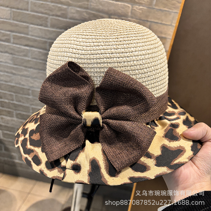 패션 천과 잔디 혼합 레오파드 활 여름 햇빛 밀짚 모자 여성 해변 휴가 레저 태양 보호 해변 모자