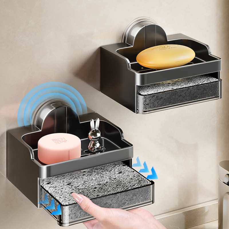 Bathroom Suction Cup Soap Holder Wall-Mounted No-Drill Soap Box Household Bathroom Drainage Sponge Wipe Storage Rack