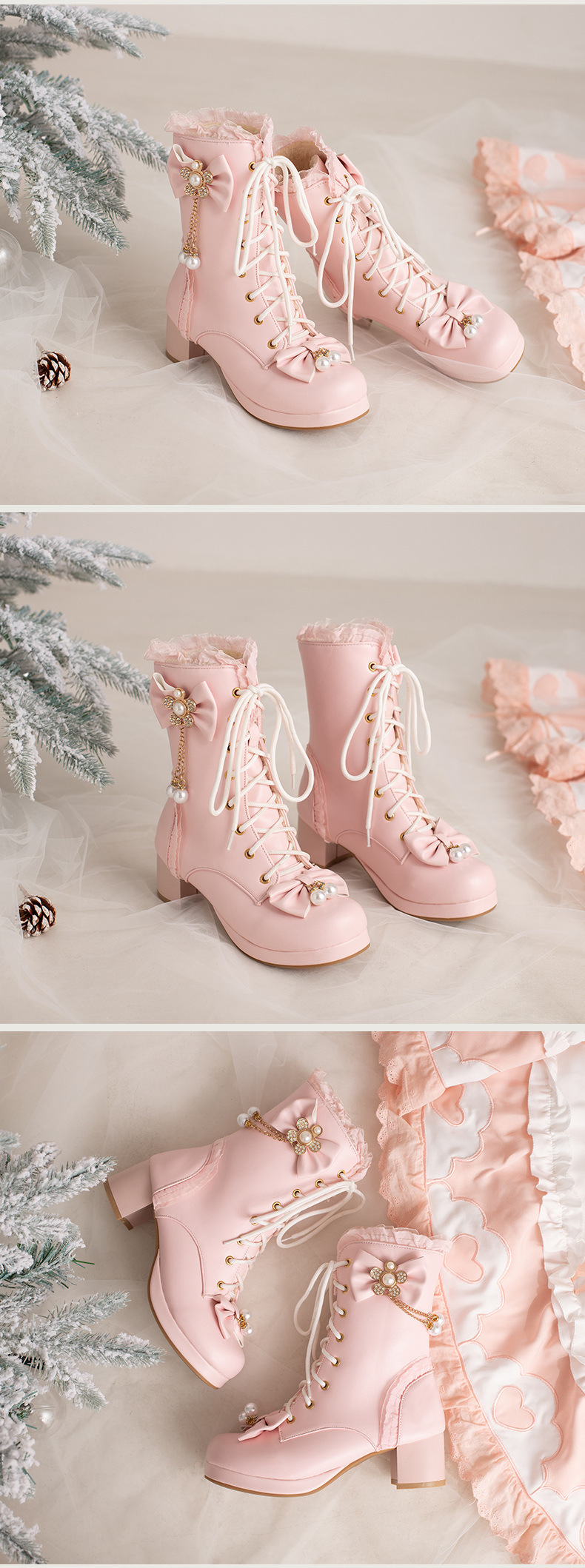 Female Bow Thick Heeled Short Boots Lolita Shoes