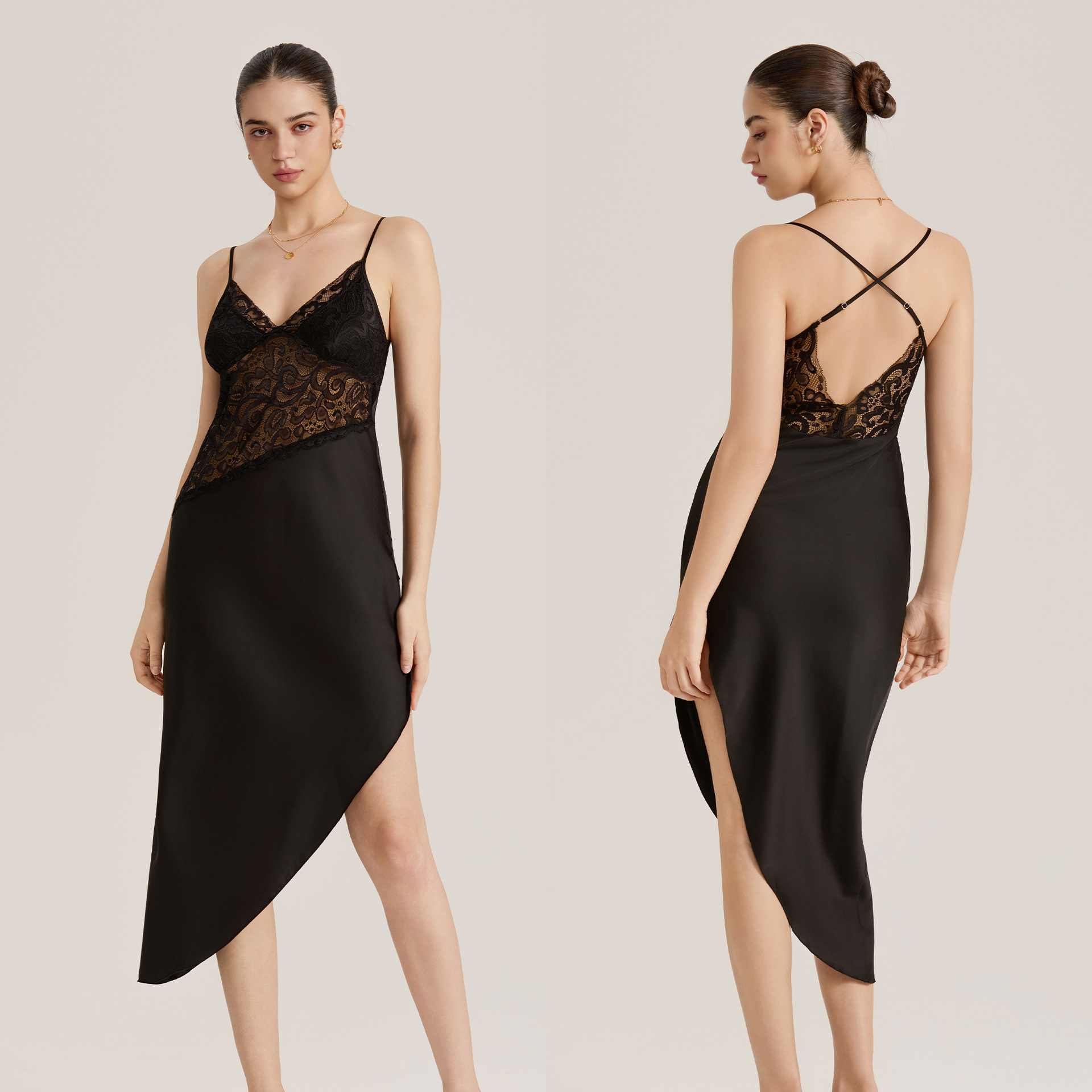 Nuevo patrón transfronterizo de encaje satin empalme sexy esling vestido larga ropa de casa pijama de inclinación mujer verano SQ3908