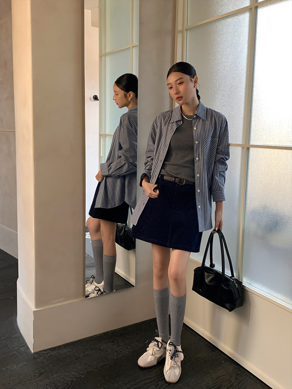 衣尔衫 精致的休闲 条纹宽松口袋中性风衬衫女POLO领韩系慵懒0540|undefined