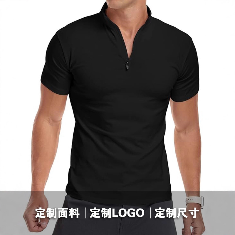 Professional Export Factory Cross-Border Customization of Asian, European and American Sizes 1/4 Zipper Stand Collar Summer Men's Short-Sleeved Slim-Fit Polo Shirt