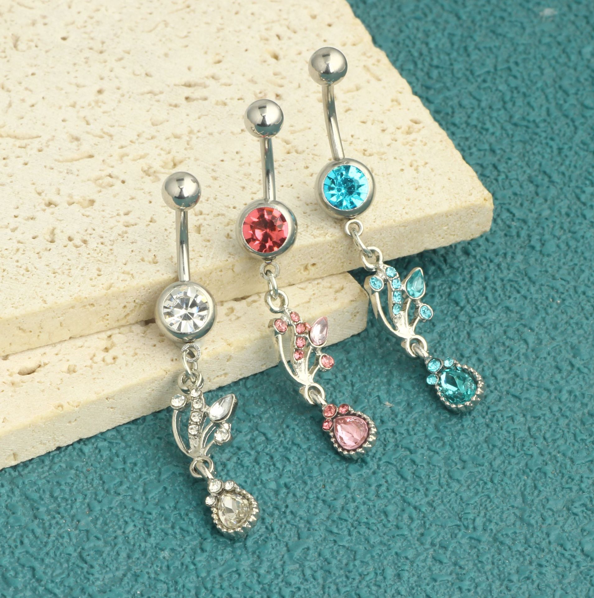 New Exquisite Heart Shape Stainless Steel Dangle Belly Ring Lanyard Navel Piercing Jewelry Blue detail image 7