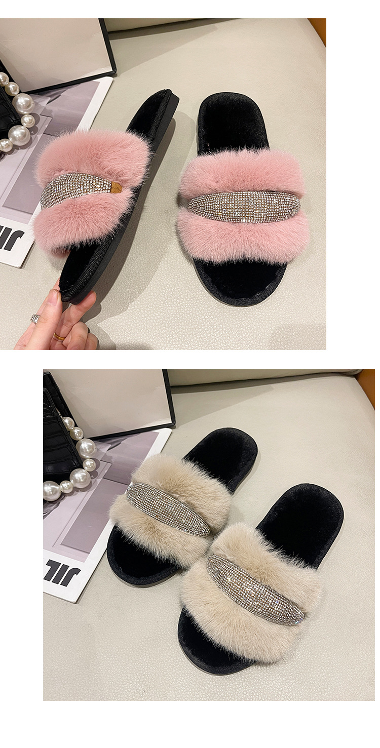 Pantofole piatte in cristallo di nuova pelliccia per il commercio estero con diamanti Moda donna alta e bassa in lana con apertura a una linea in cotone transfrontaliero_voghion.com