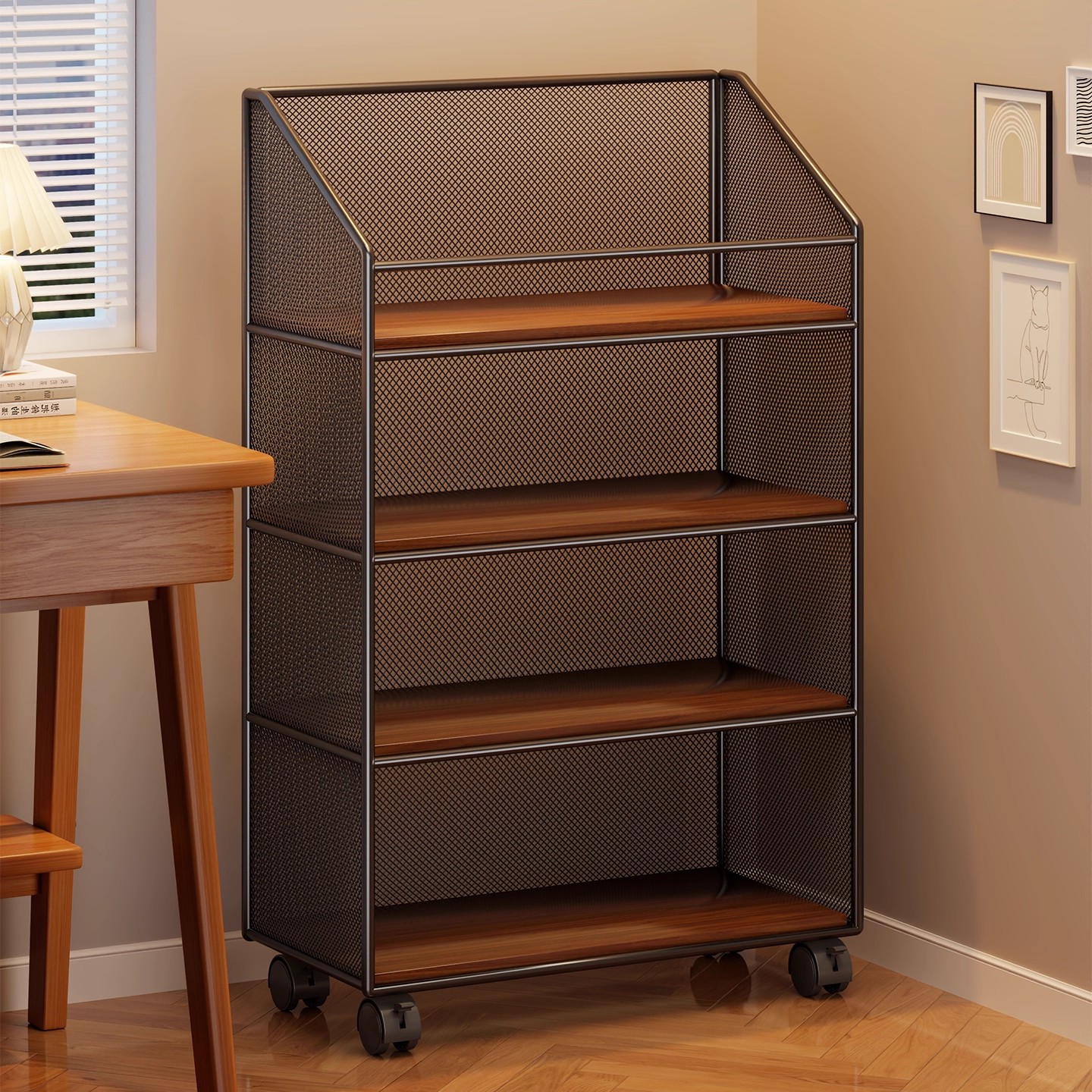 Bookshelf Integrated with Wall-Mounted Movable Storage Rack, Floor-Standing Multi-Layer Book Storage Rack Next to the Desk, Student Desk-Side Bookcase