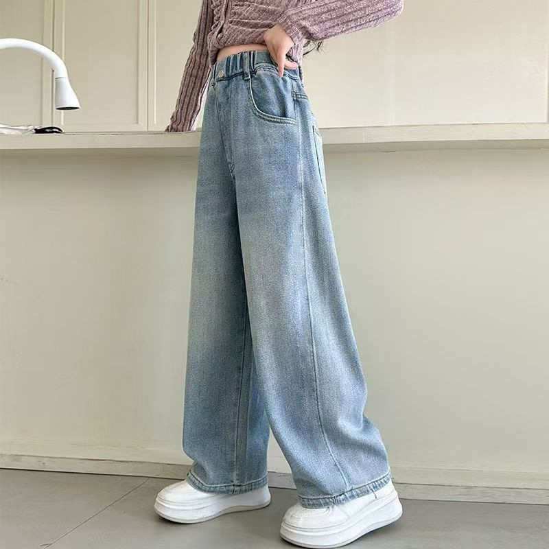 Girls' wide-leg pants, spring and autumn style, versatile children's pants, baby casual jeans, stylish loose pants for medium and large children.