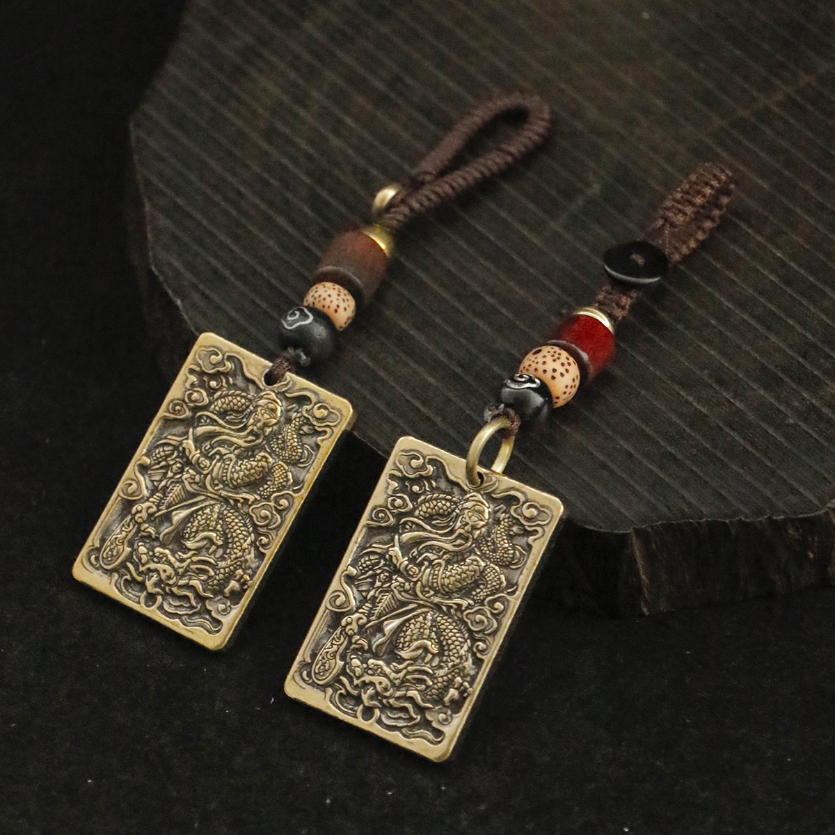 复古实心中式黄铜忠义关公牌钥匙扣手工编绳铜五帝钱车钥匙挂件|ms