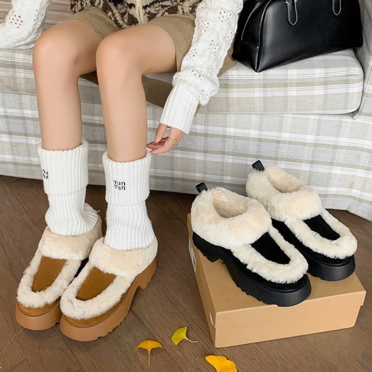 Boot tuyết nữ da cừu một mảnh gót cao lót lông dày giữ ấm — màu nâu