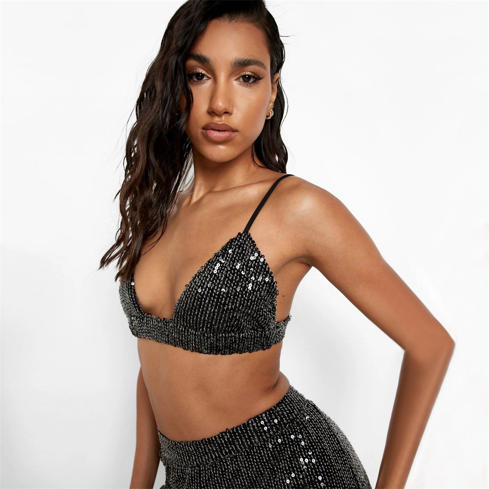 3 Piece Set Quantity Holiday, Street Occasion Turndown Neckline Holiday Street Women'S Fashion Solid Color Spandex Sequins Pant Co-ord Set Pants Sets