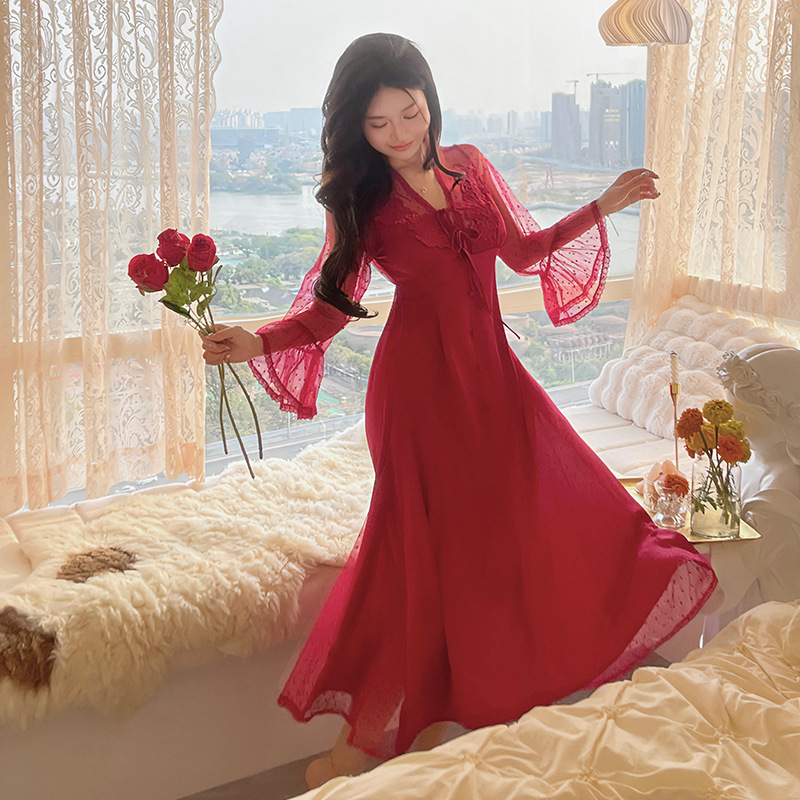 Chiffon Long-sleeved French Dress Pure Desire Pajamas Sexy Ice Silk Nightgown Women's Summer High-end Sense Home Clothes with Chest Pad