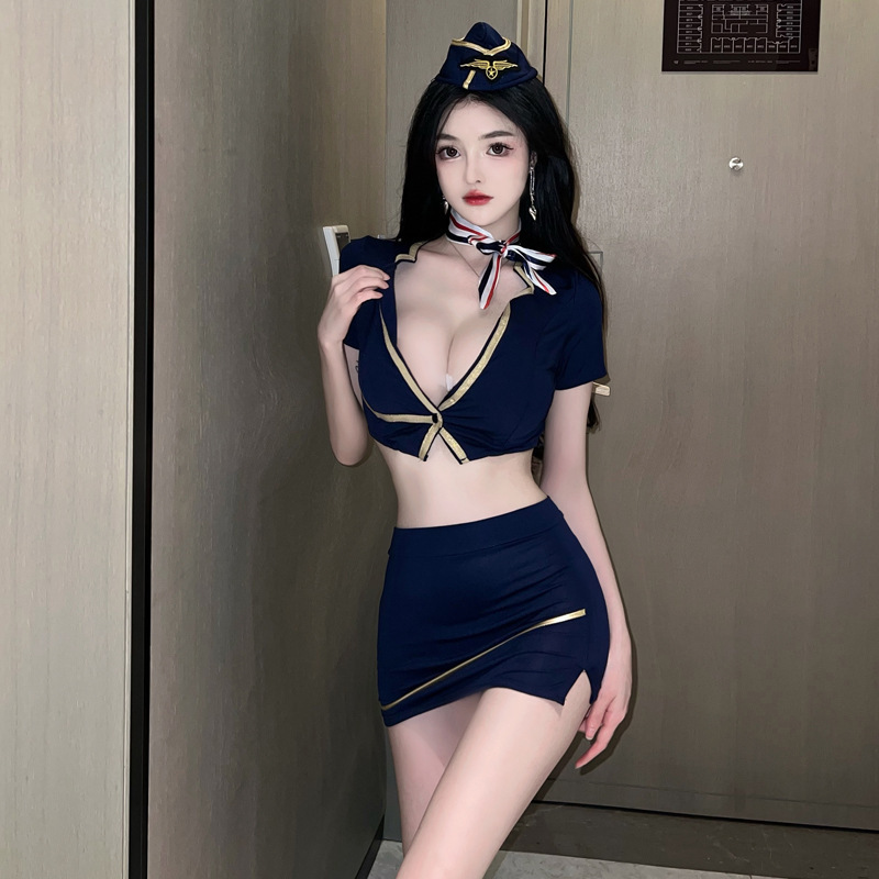 Roumeng Sexy Lingerie Wholesale Internet Celebrity Stewardess Uniform Temptation Suit Women's Hip-Covering Short Skirt Sexy Nightclub Outfit