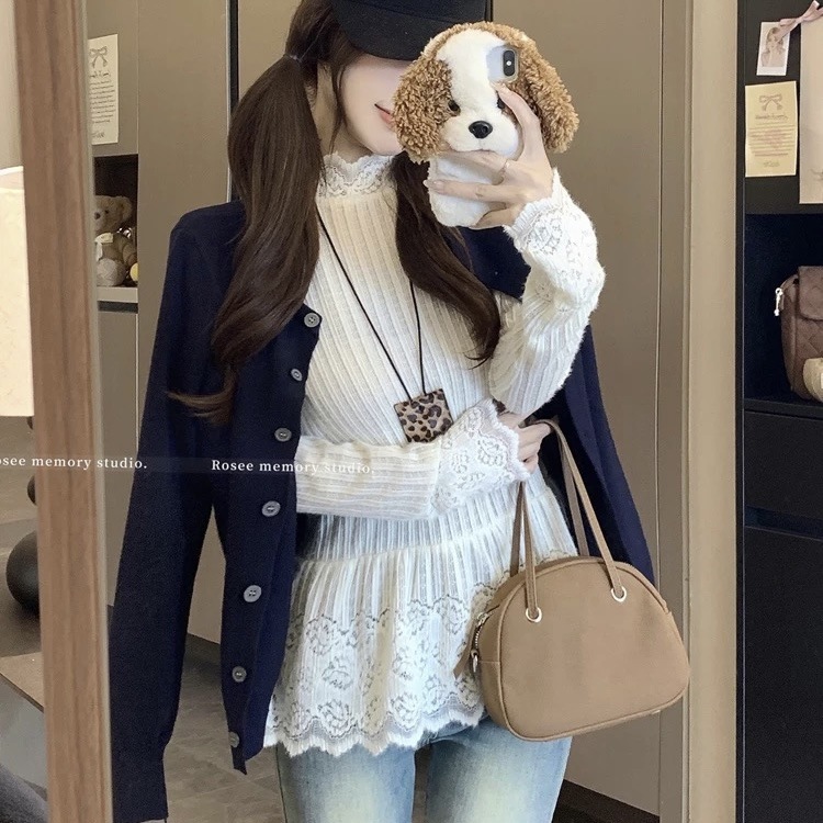 韩系穿搭蕾丝拼接长袖针织衫女早秋新款甜美设计感半高领显瘦上衣|undefined