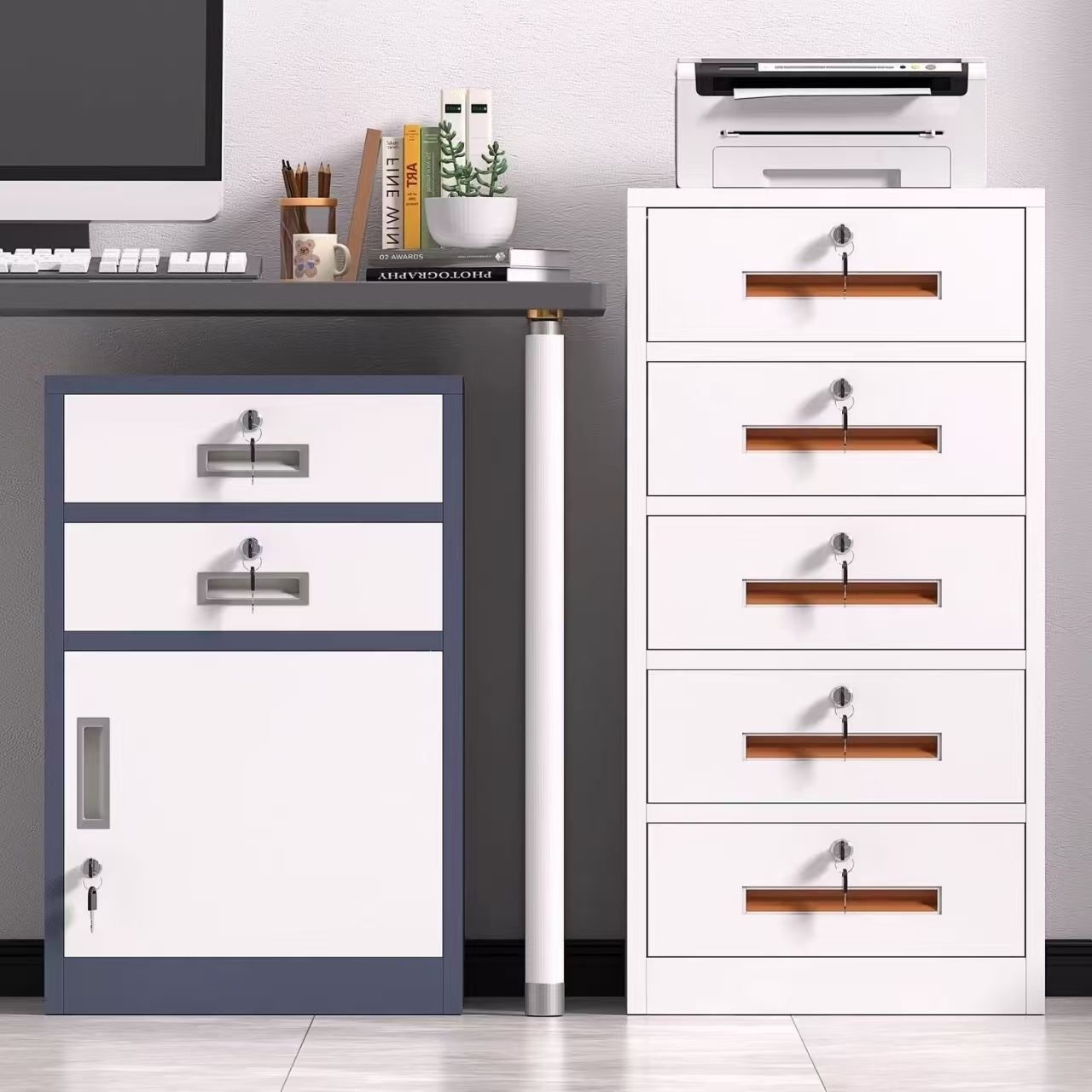 Simple office document storage cabinet, metal storage cabinet with drawers, side cabinet, office under-desk file cabinet with lock