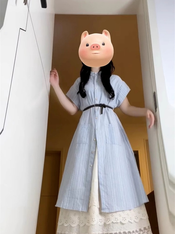 法式学院风蓝色条纹衬衫连衣裙子女夏季2025新小个子气质长裙|undefined