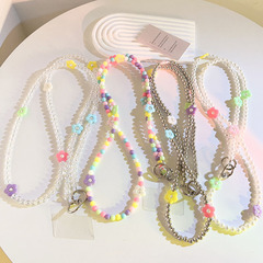 韓風女款彩色珠珠斜跨長鏈條清新彩色花朵串珠吊墜飾品背帶式掛鏈