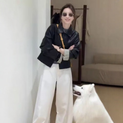 厂家直销欧货设计感POLO领短款皮衣外套女25秋小个子格纹袖口夹克