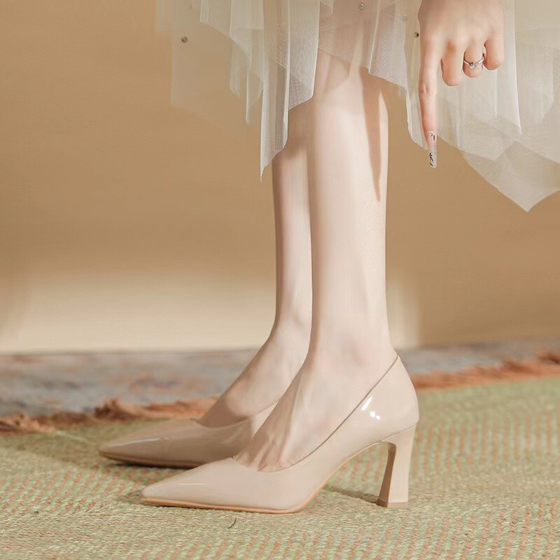 Nude Pointed Chunky Heel High Heel Shoes Women's Shoes 2024 New Soft Leather 5cm with Skirt Spring and Autumn Single Shoes Solid Color