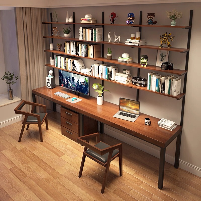 Solid Wood Double Desk with Bookshelf Integrated into a Wrought Iron Wall-Mounted Desktop Computer Desk for Home Use in the Bedroom or as a Children's Study Desk