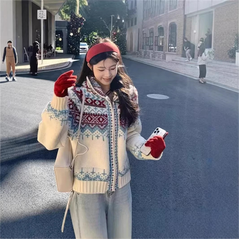 Hong Kong Style Fair Isle Hooded Zip-Up Sweater Cardigan for Women, New Spring Jacquard Thickened Warm Knitwear