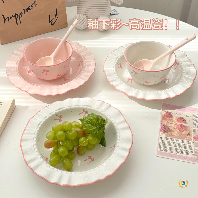 Cute Ceramic Tableware Set with Bowknot Design, High Aesthetic Appeal, Underglaze Color Dessert Bowls and Plates