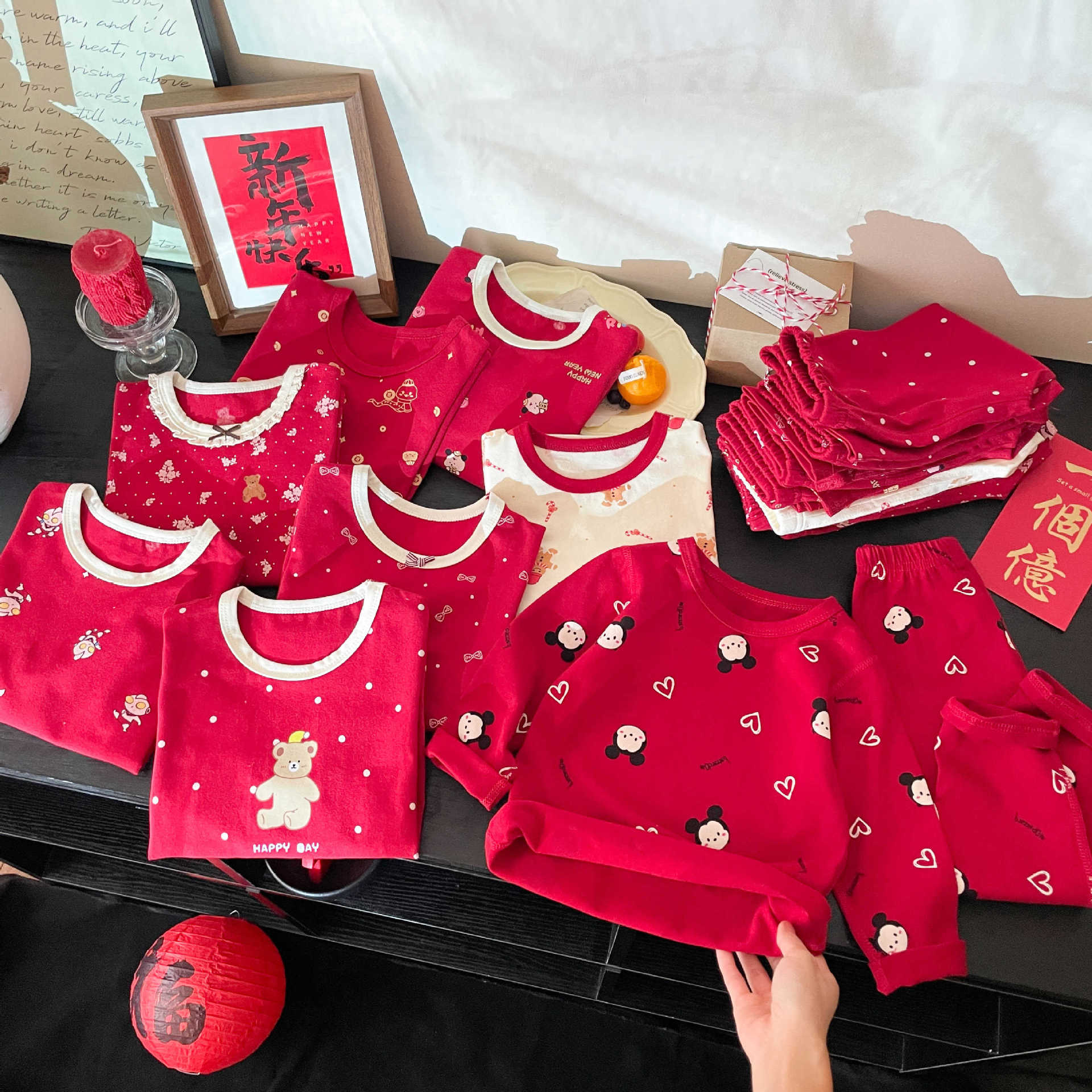 (2개) 5A 항균 설날 어린이 순면 홈 옷 세트 소년 소녀를위한 빨간  의 가을 옷 뼈없는 잠옷