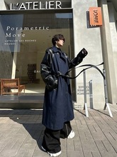 秋冬小众双排扣系带牛仔拼接PU皮风衣男中长款过膝痞帅感大衣