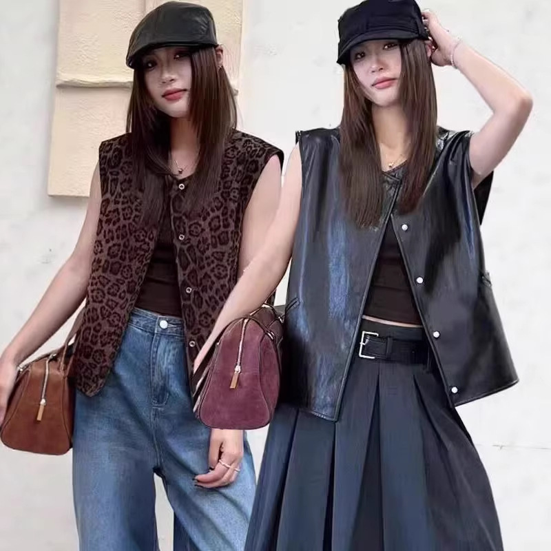 Sleeveless Leopard Print Reversible Pu Leather Vest Jacket for Women 2026 Autumn Loose Slimming Sleeveless Vest Jacket