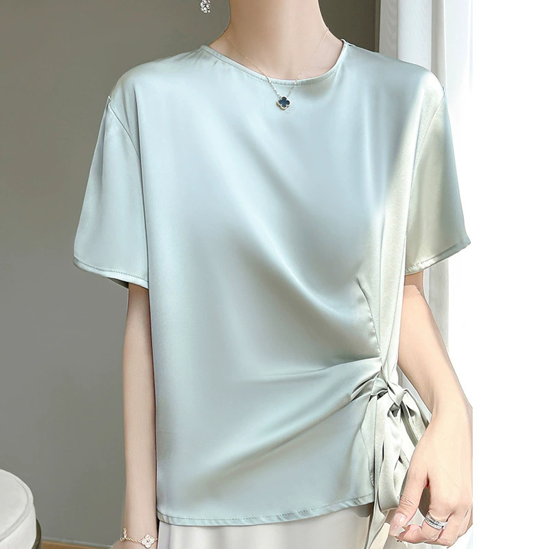 24 года новый ацетат атласный с круглым вырезом с короткими рукавами футболка женская бантик сплошной цвет свободный темперамент дикая футболка