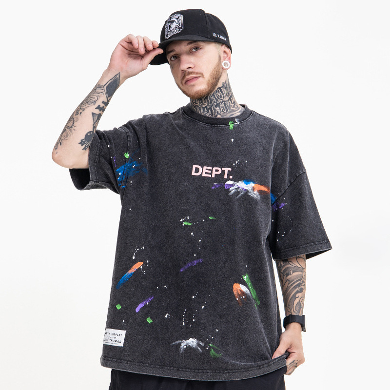 Ropa para Hombre FG | Camiseta de Manga Corta Holgada Vintage con Estampado de Tinta Hecha a Mano, Colorida, de Moda Urbana, Nueva Colección Primavera/Verano 2025 para Hombre