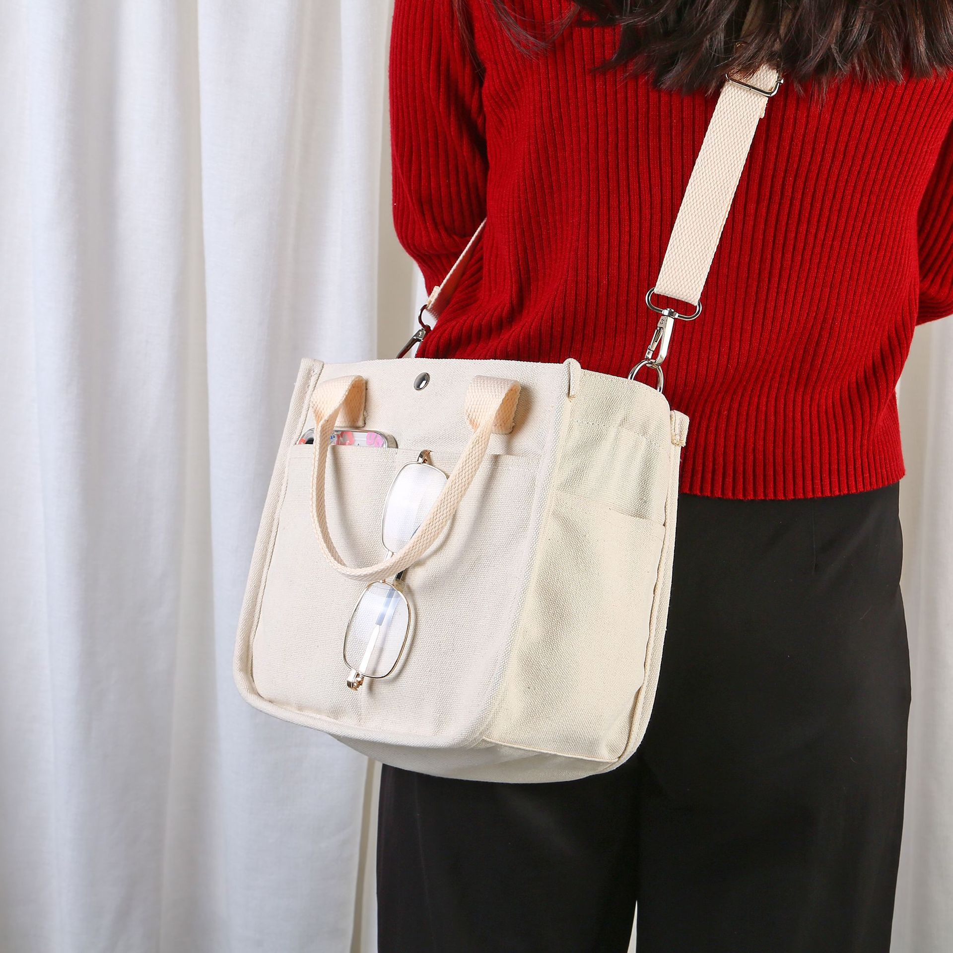 Explosión transfronteriza tridimensional multi-bolsillo bolso de lona tote bolso de mano simple versátil bolso de caja de comedor portátil