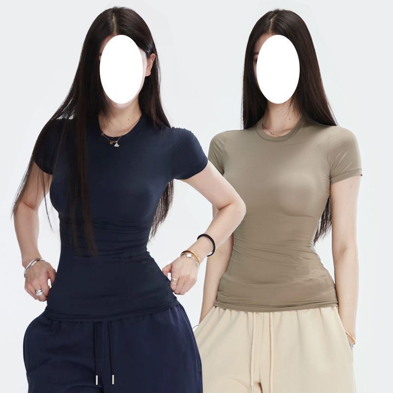 半袖春夏スリムフィット伸縮性右肩タイトピンクTシャツ半袖トップス女性用|undefined