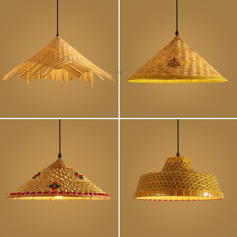 Bamboo Hat-Shaped Pendant Lamp, Farmhouse Bamboo Art Lampshade, Southeast Asian Wabi-Sabi Style Homestay, Rattan Weaving, Vintage Straw Weaving Factory