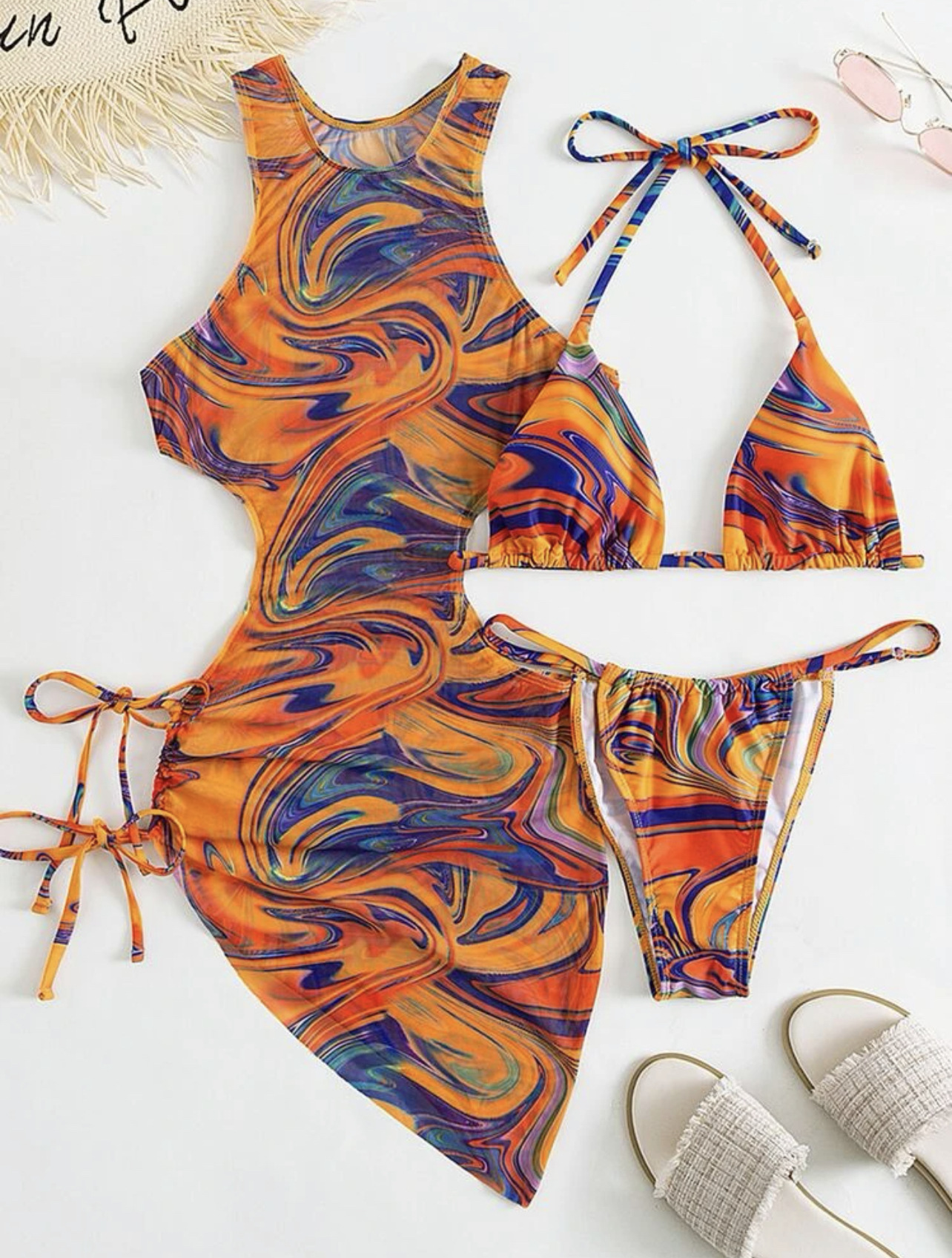 printed hollow straps drawstring three-piece swimwear set NSCSY135083