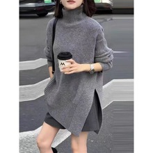 2025秋冬新款时尚感纯色慵懒风高领针织衫不规则设计感毛衣女