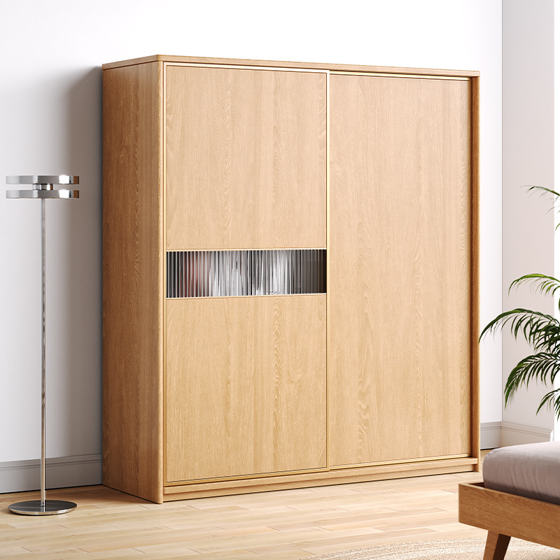 Oak Solid Wood Sliding Door Wardrobe Home Bedroom Small Log Simple Modern Style Sliding Door Large Wardrobe Wardrobe