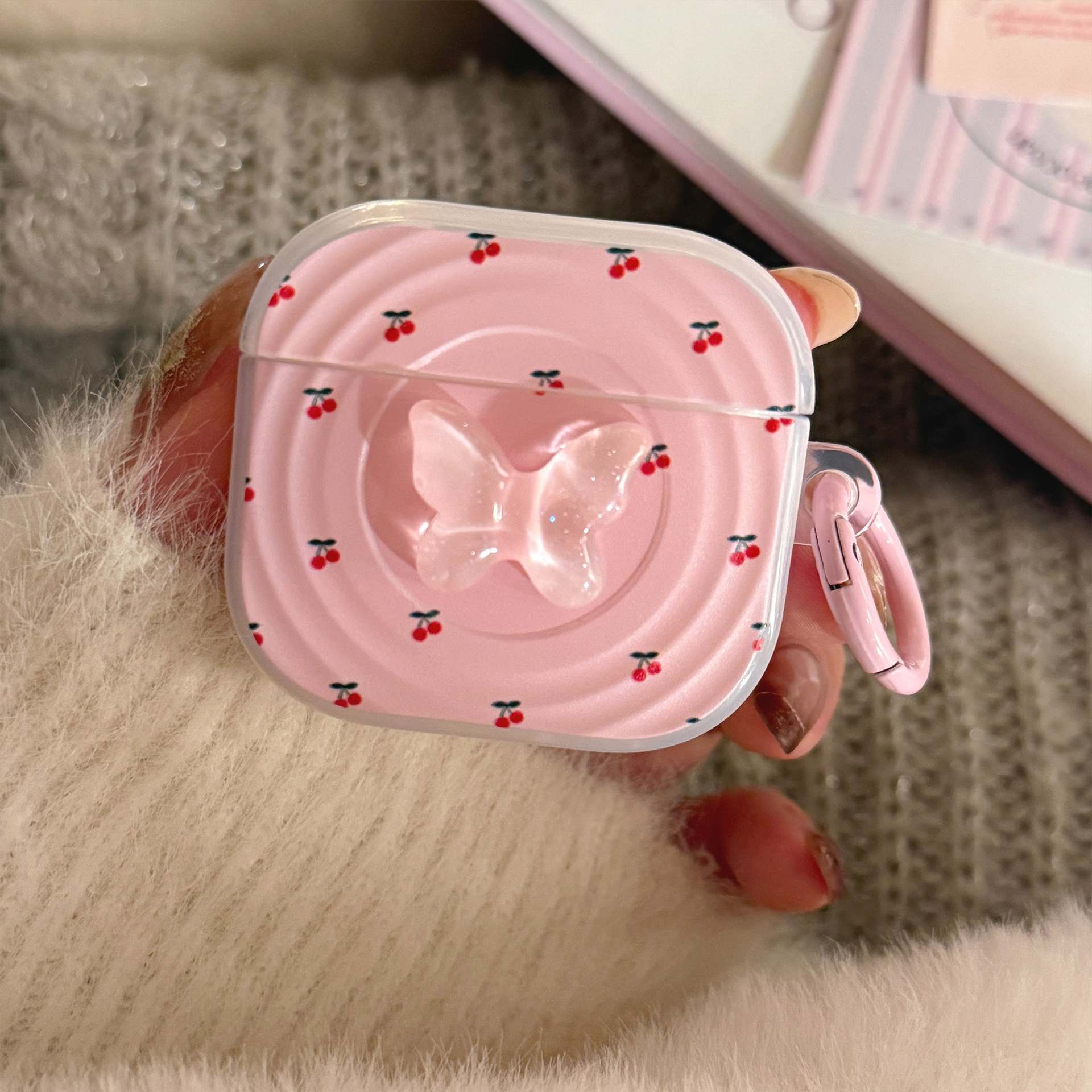 Anillo de cereza rosa para auriculares Airpods Pro 2 cubierta Bluetooth inalámbrico 4 generación 3 mariposas estéreo